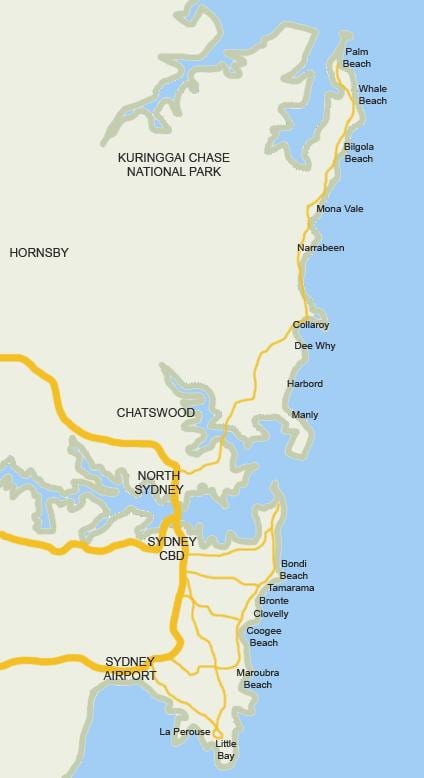 mapa sydney pláže